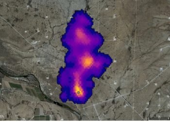 Gambar ini menunjukkan gumpalan metana sepanjang 3 km yang terdeteksi oleh misi Investigasi Sumber Debu Mineral Permukaan Bumi NASA di tenggara Carlsbad, New Mexico. (Gambar: earth.jpl.nasa.gov).